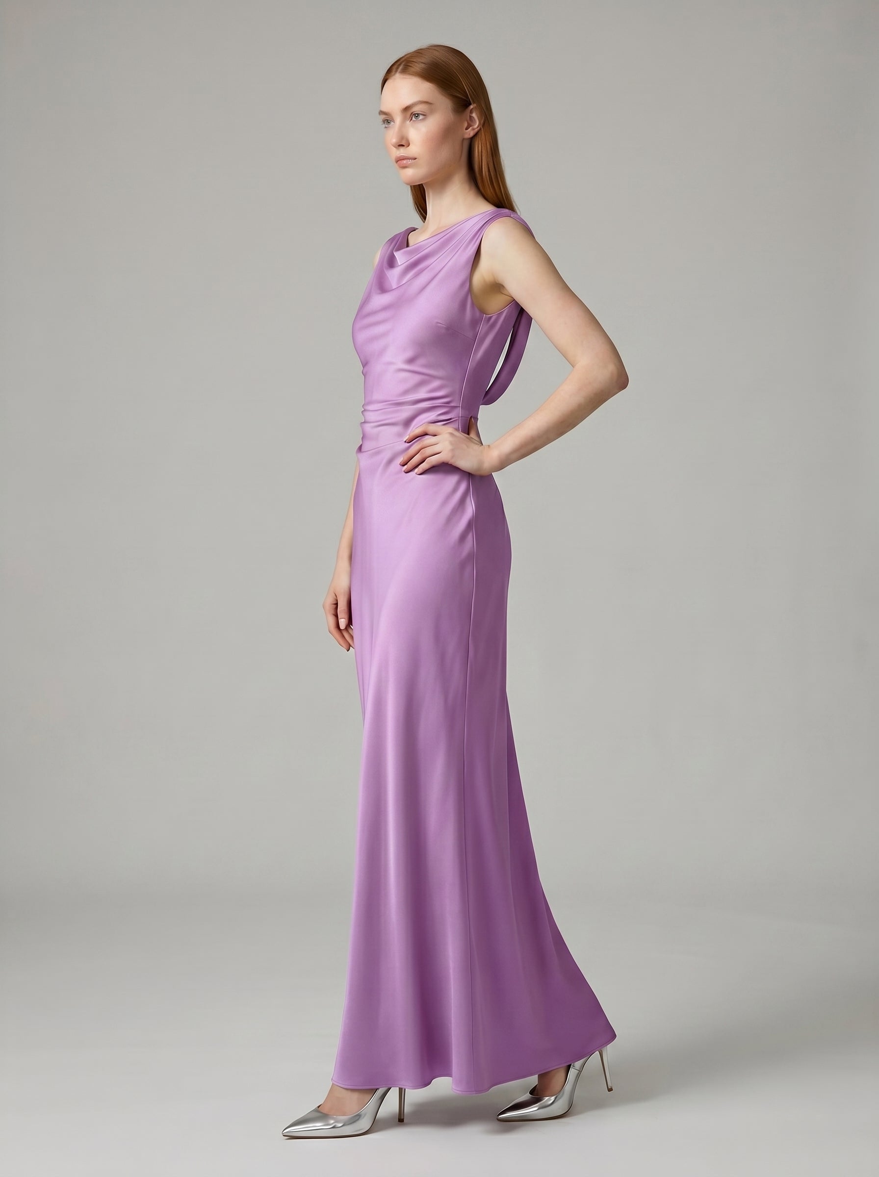Wisteria Satin Trumpet Cowl Neck Back Zip Floor-Length Bridesmaid Dress