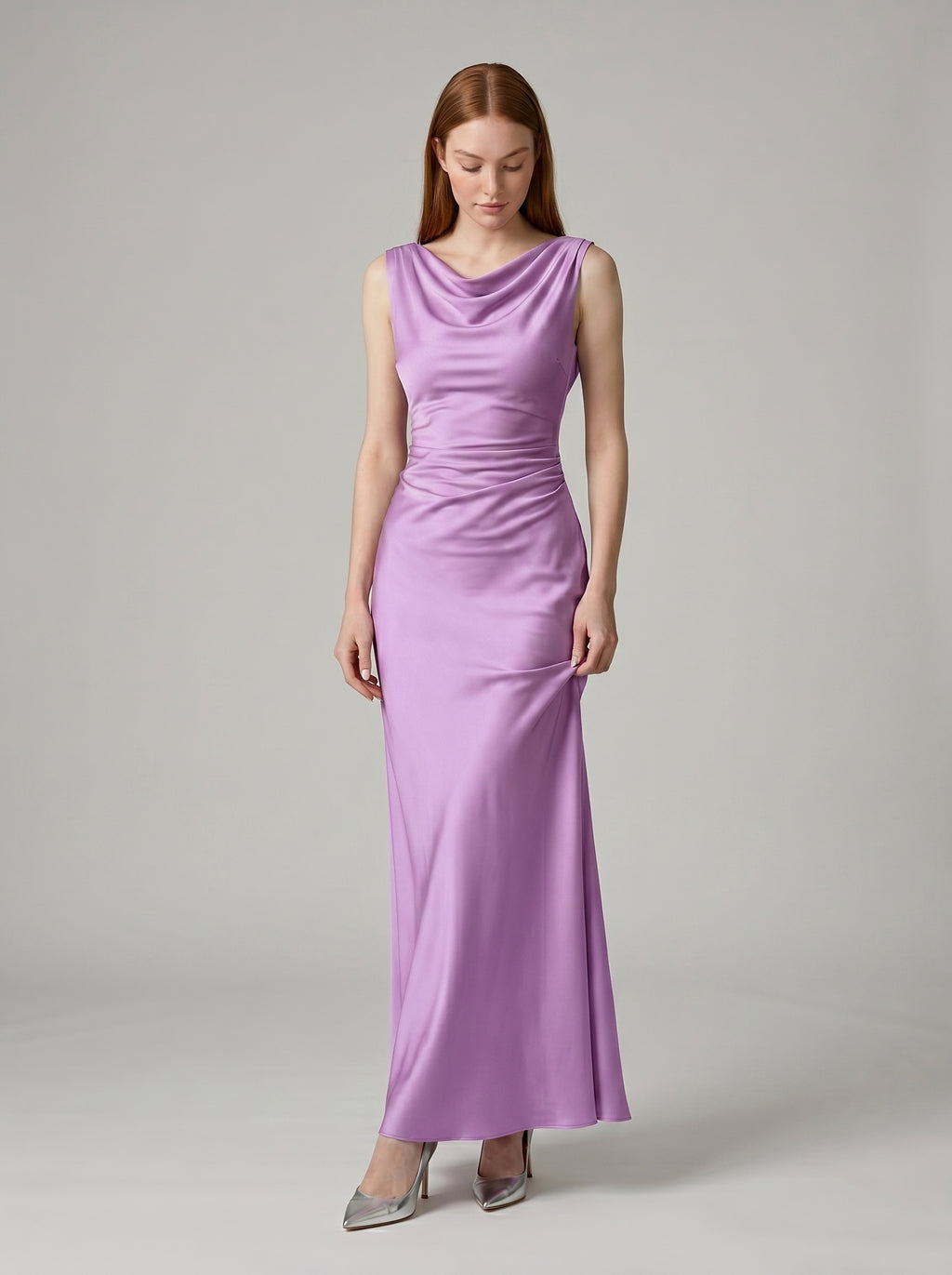 Wisteria Satin Trumpet Cowl Neck Back Zip Floor-Length Bridesmaid Dress