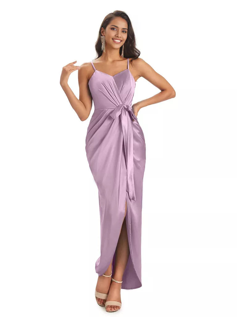 High Low Spaghetti Straps V-neck Mermaid Asymmetrical Soft Satin Bridesmaid Dresses