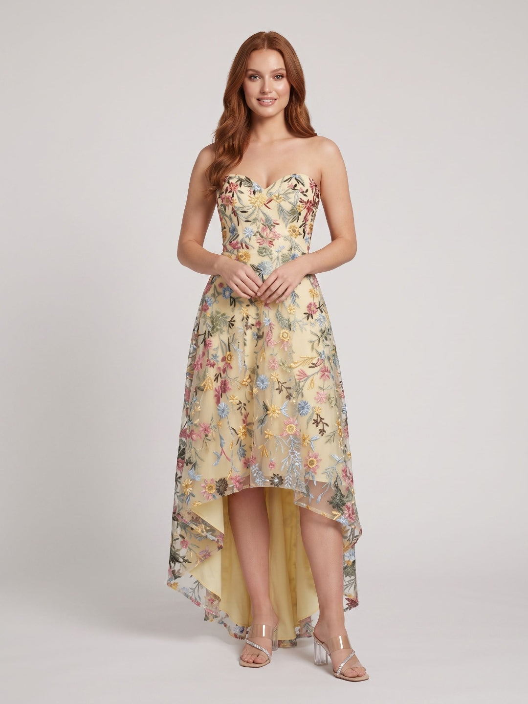 Mauve Embroidered Mesh A-Line Sweetheart Zipper Back High-Low Dress