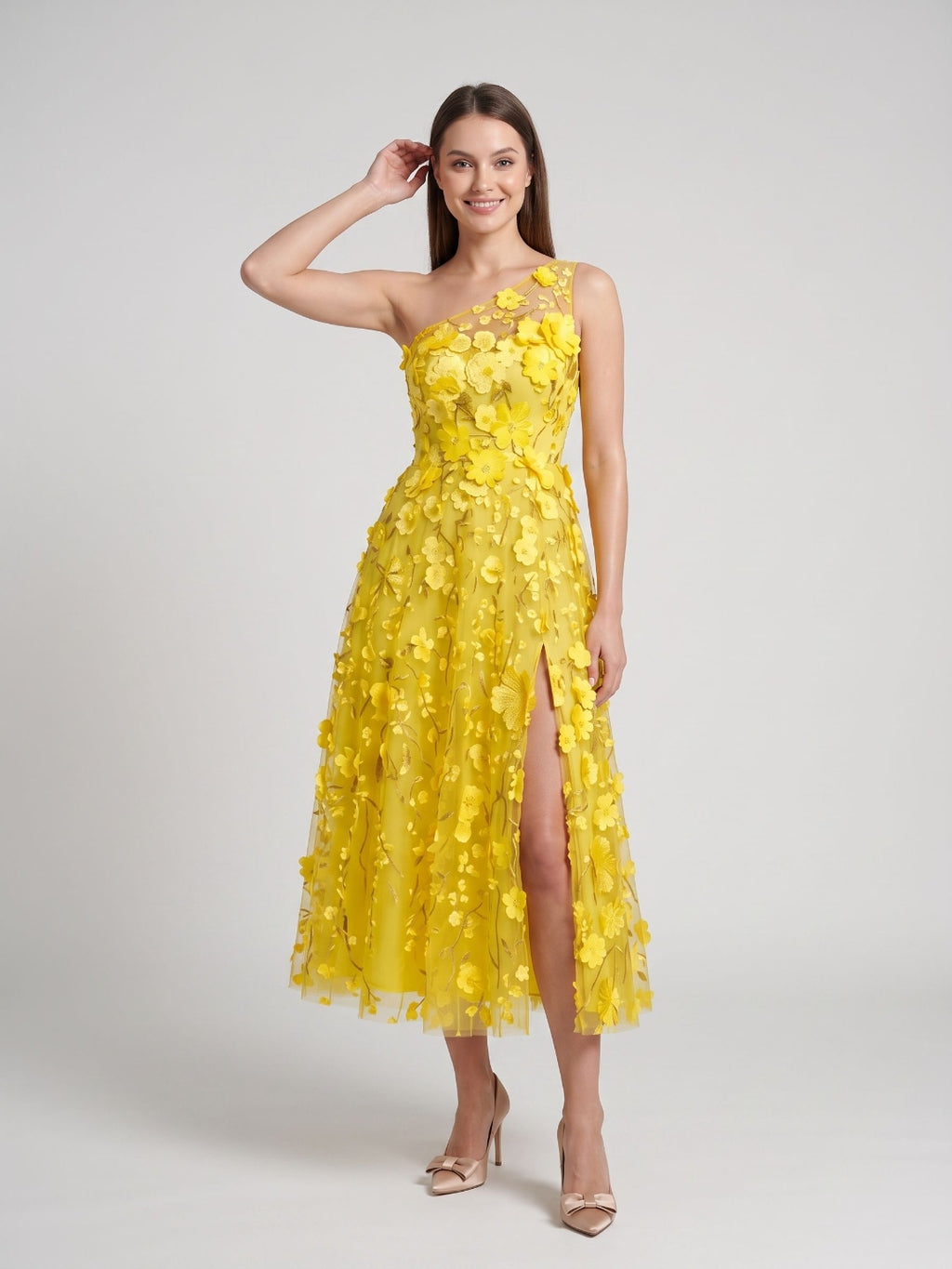 Sky Blue with Pastel Flowers Mesh Tulle A-Line One Shoulder Midi Dress
