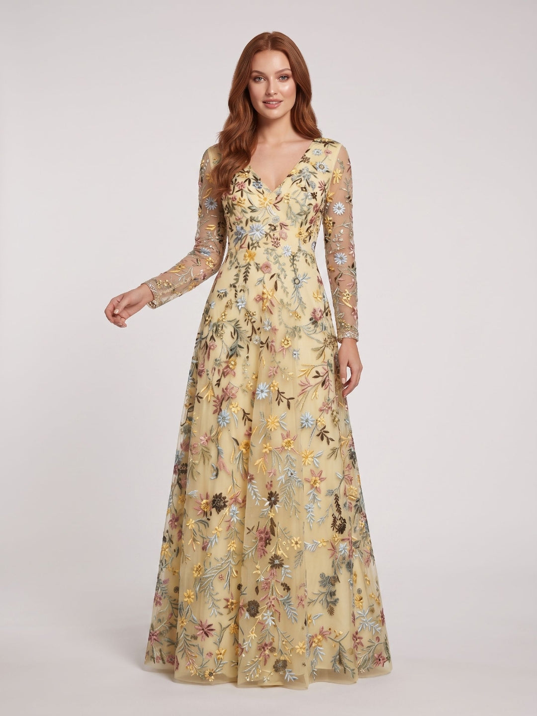 Mauve Mesh with Floral Embroidery A-Line V-Neck Zipper Back Floor Length Dress