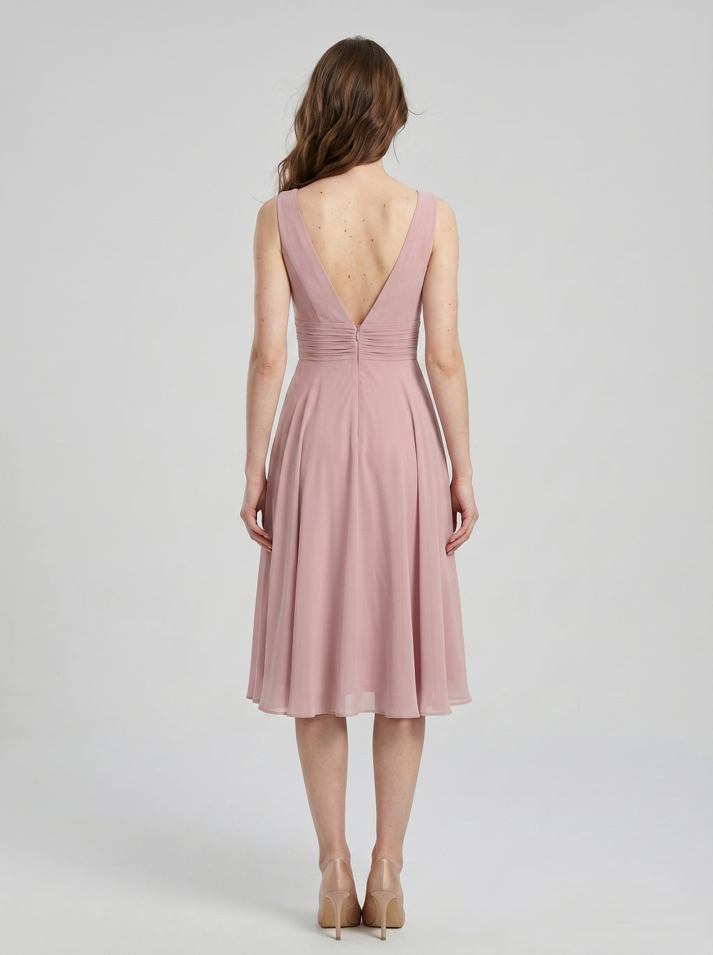 Coquette Dusty Rose Chiffon A-Line V-Neck V-Back with  Knee-Length Bridesmaid Dress