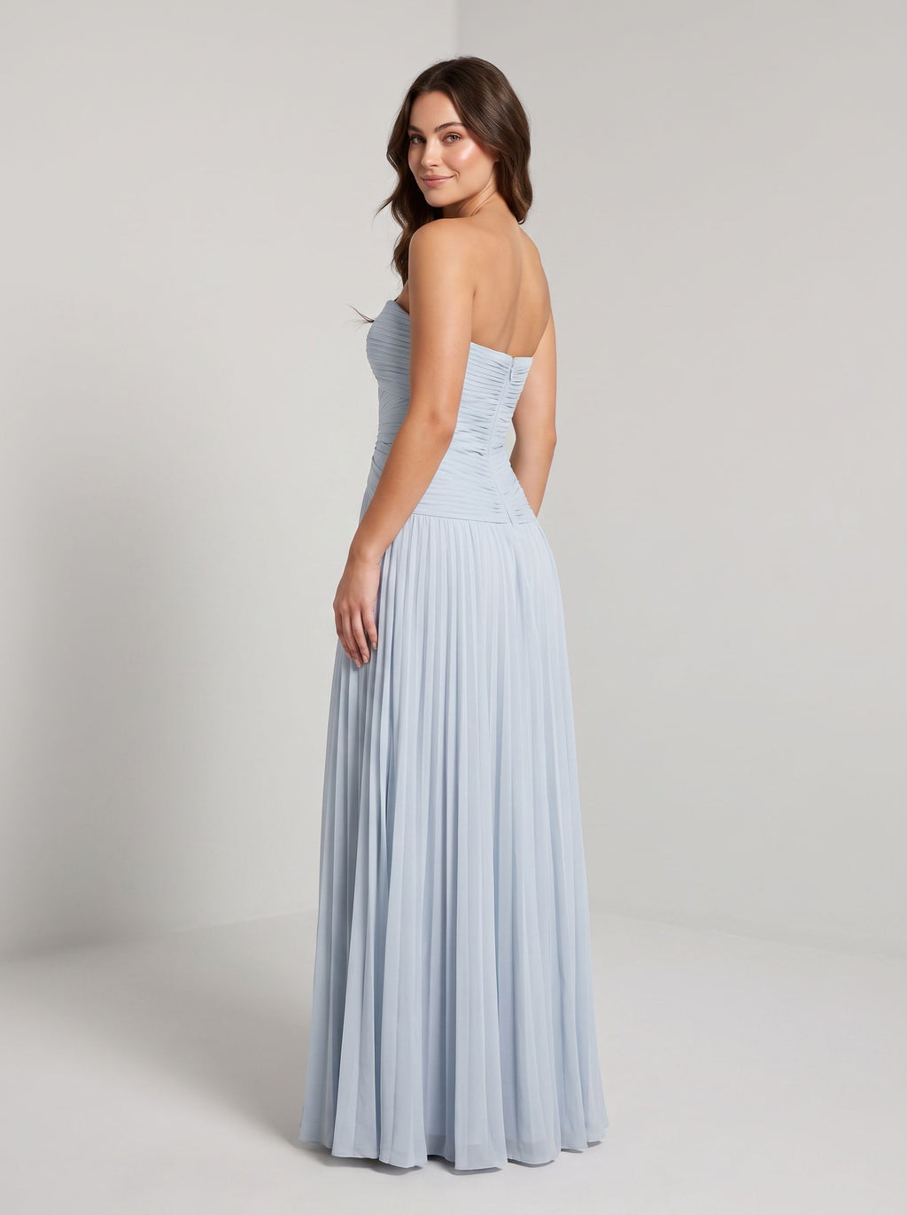 Mist Chiffon column Sweetheart Back Zip Floor-Length Dress with Pleated Bodice and Slit