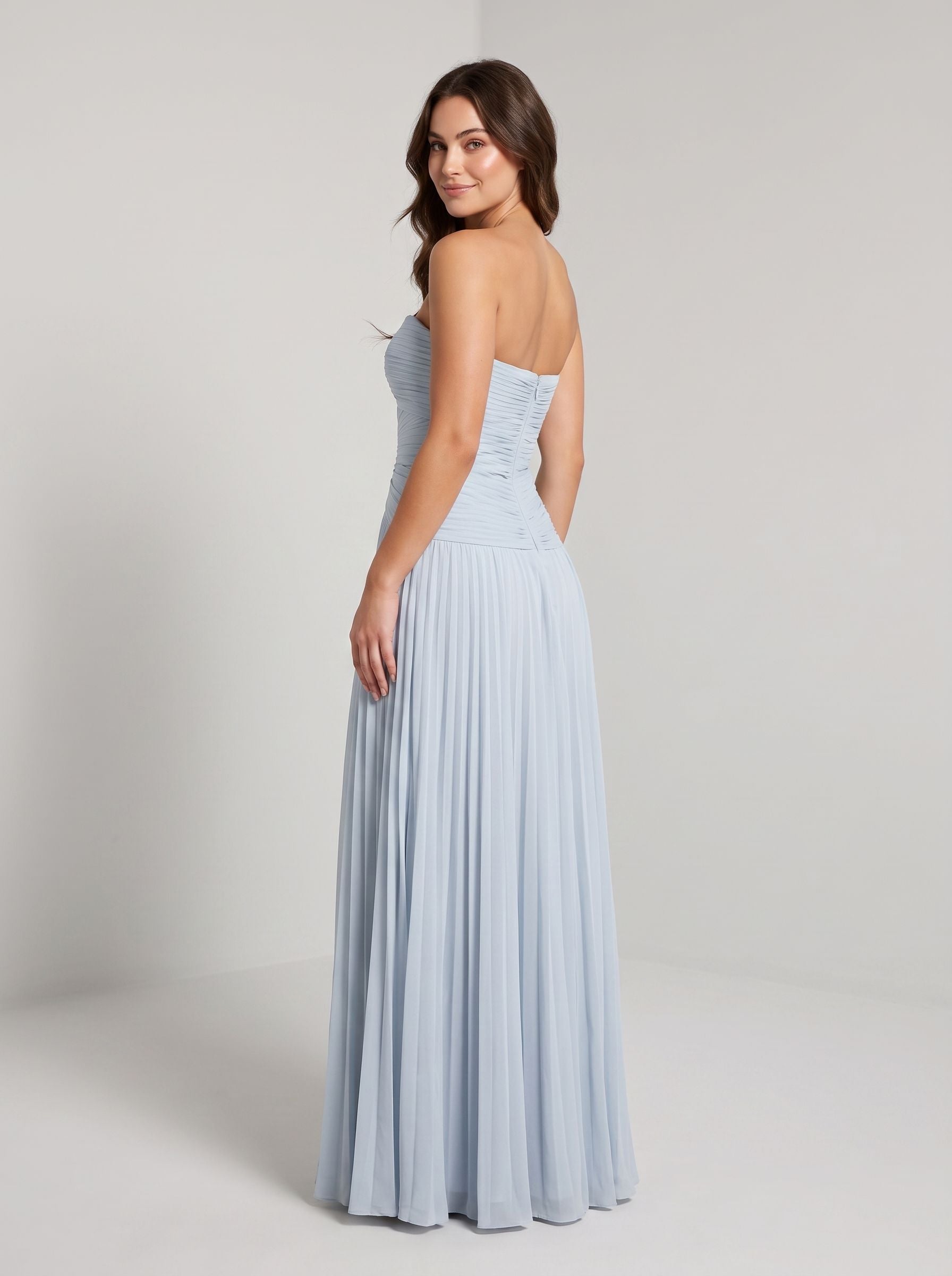 Mist Chiffon column Sweetheart Back Zip Floor-Length Dress with Pleated Bodice and Slit