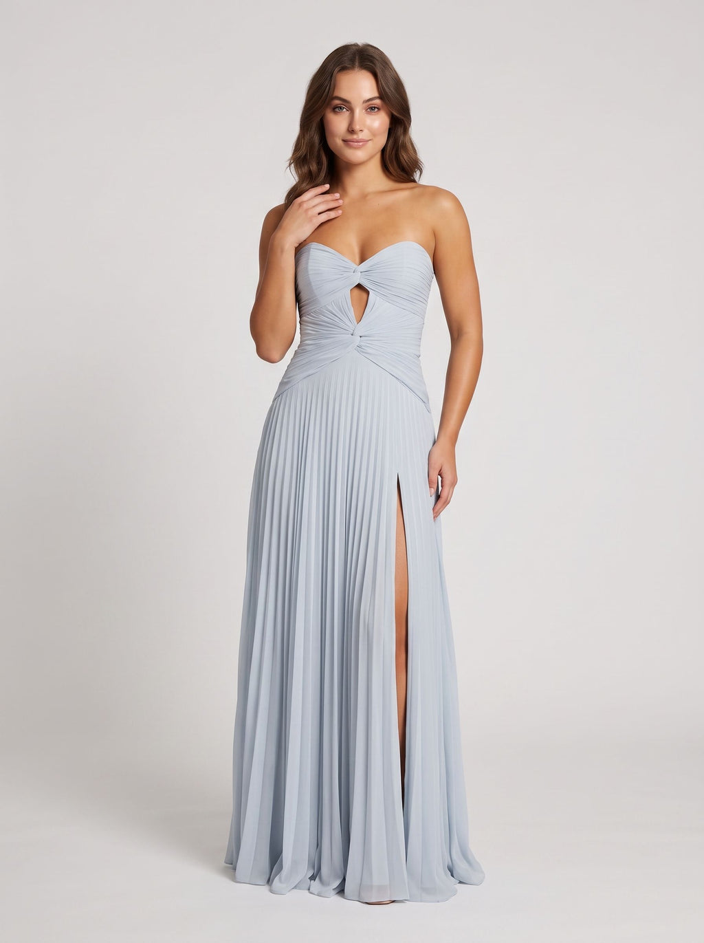 Mist Chiffon column Sweetheart Back Zip Floor-Length Dress with Pleated Bodice and Slit