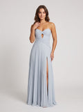Mist Chiffon column Sweetheart Back Zip Floor-Length Dress with Pleated Bodice and Slit