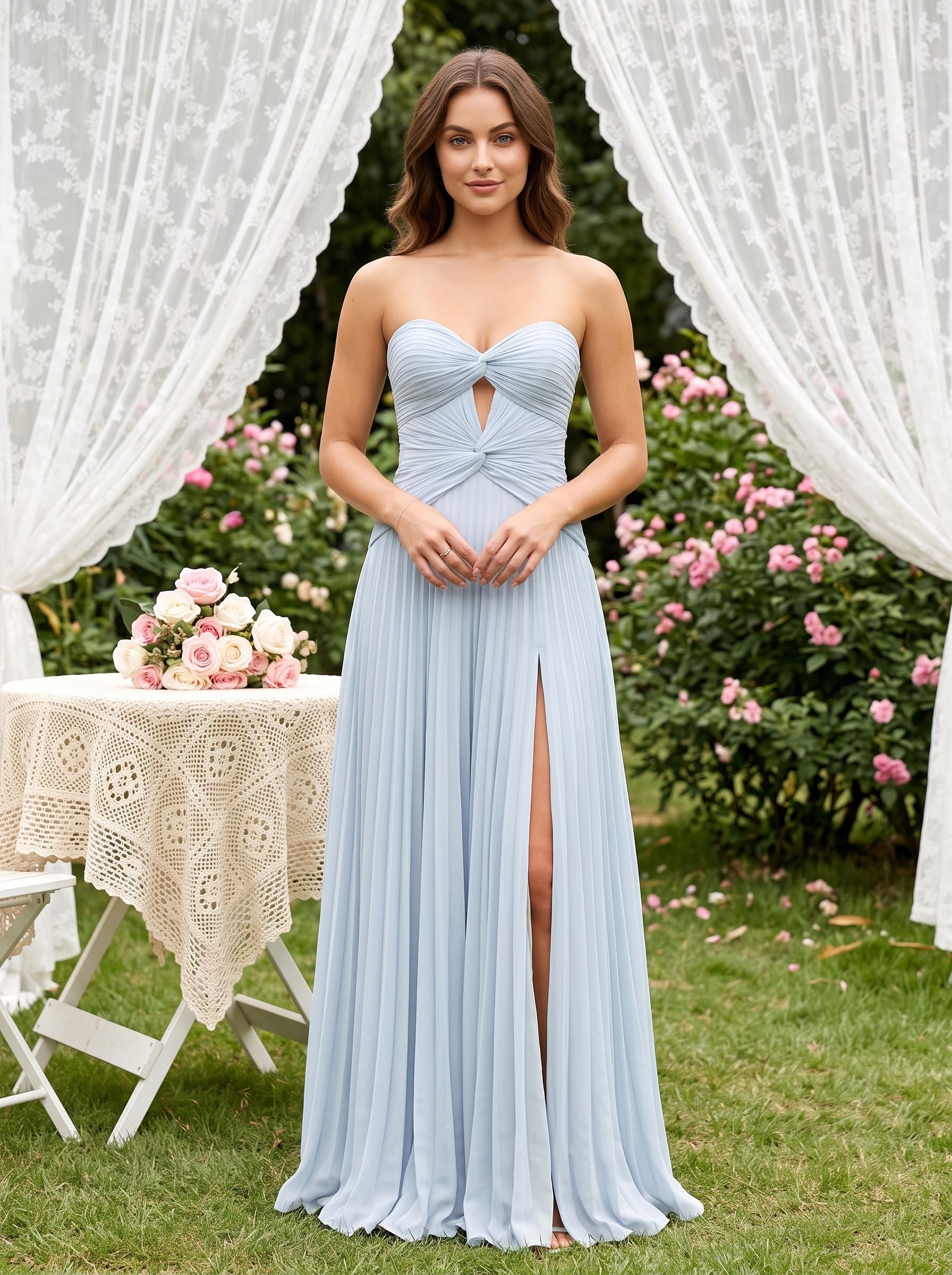 Mist Chiffon column Sweetheart Back Zip Floor-Length Dress with Pleated Bodice and Slit