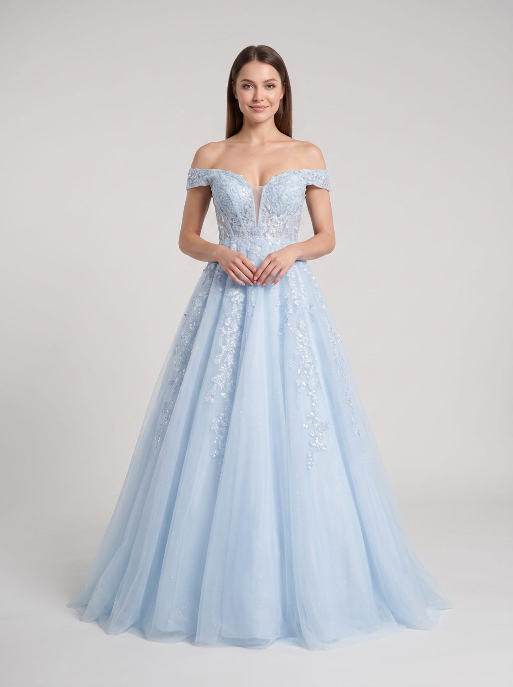 Mist Tulle A-Line Off-the-Shoulder Corset Back Floor-Length Dress with Sequin Embroidery