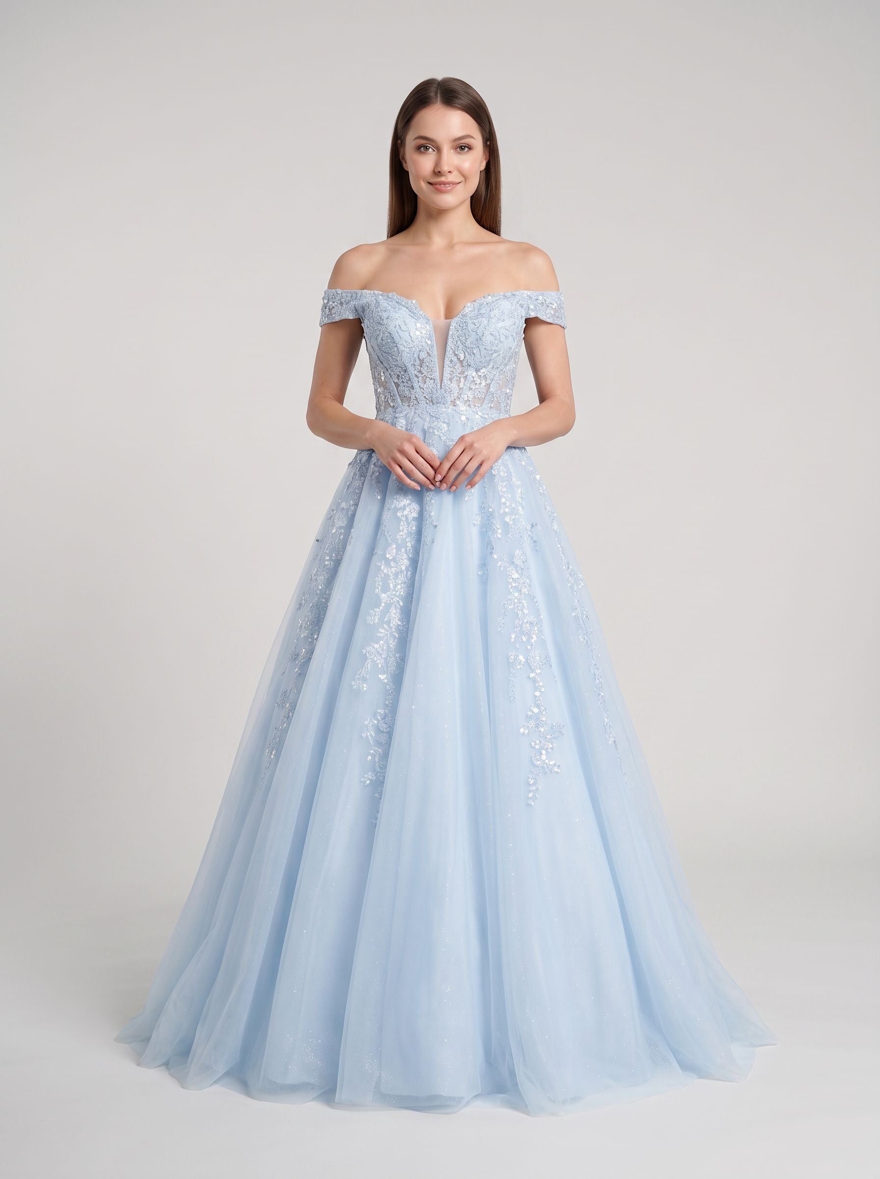 Mist Tulle A-Line Off-the-Shoulder Corset Back Floor-Length Dress with Sequin Embroidery