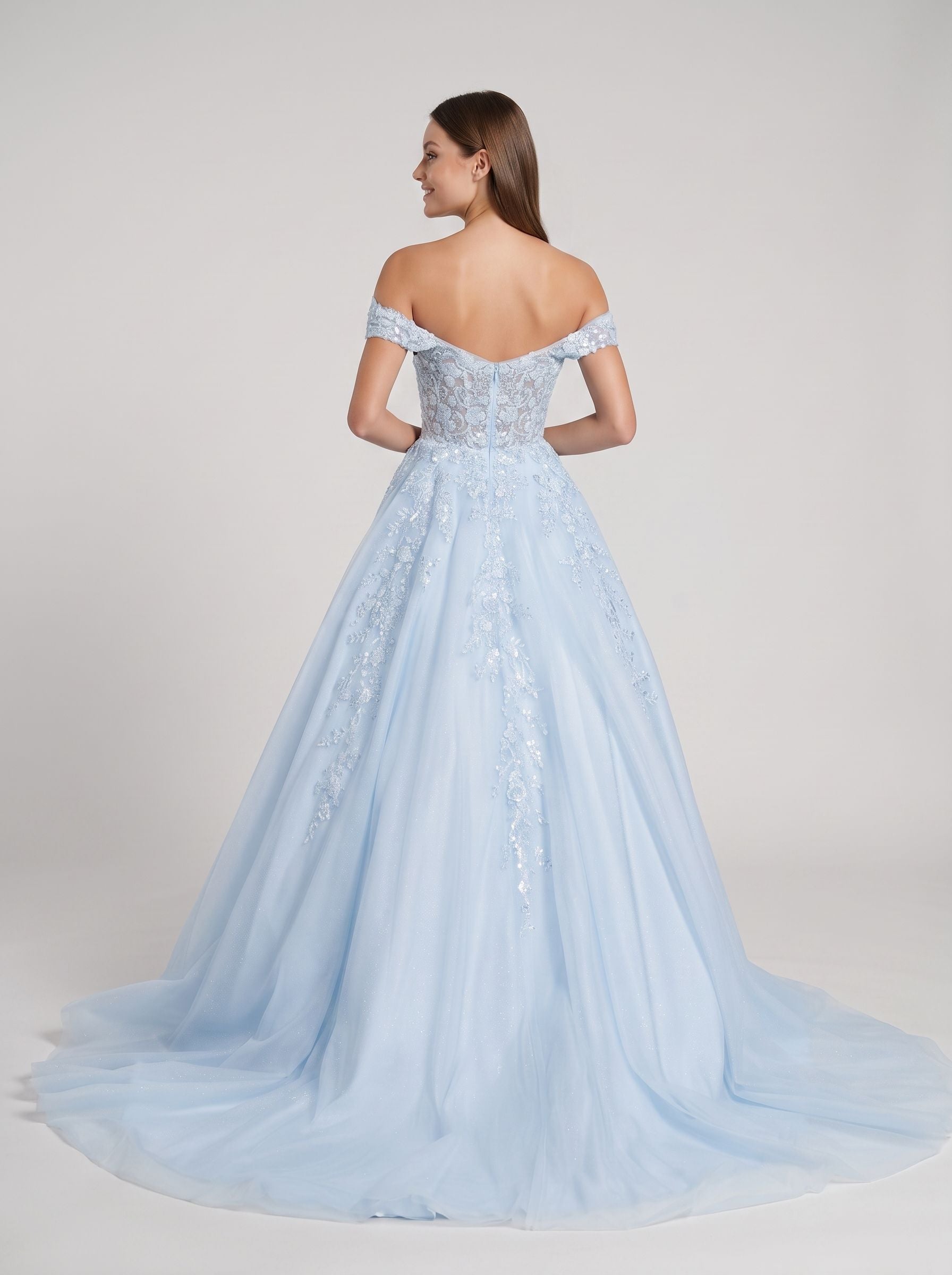 Mist Tulle A-Line Off-the-Shoulder Corset Back Floor-Length Dress with Sequin Embroidery