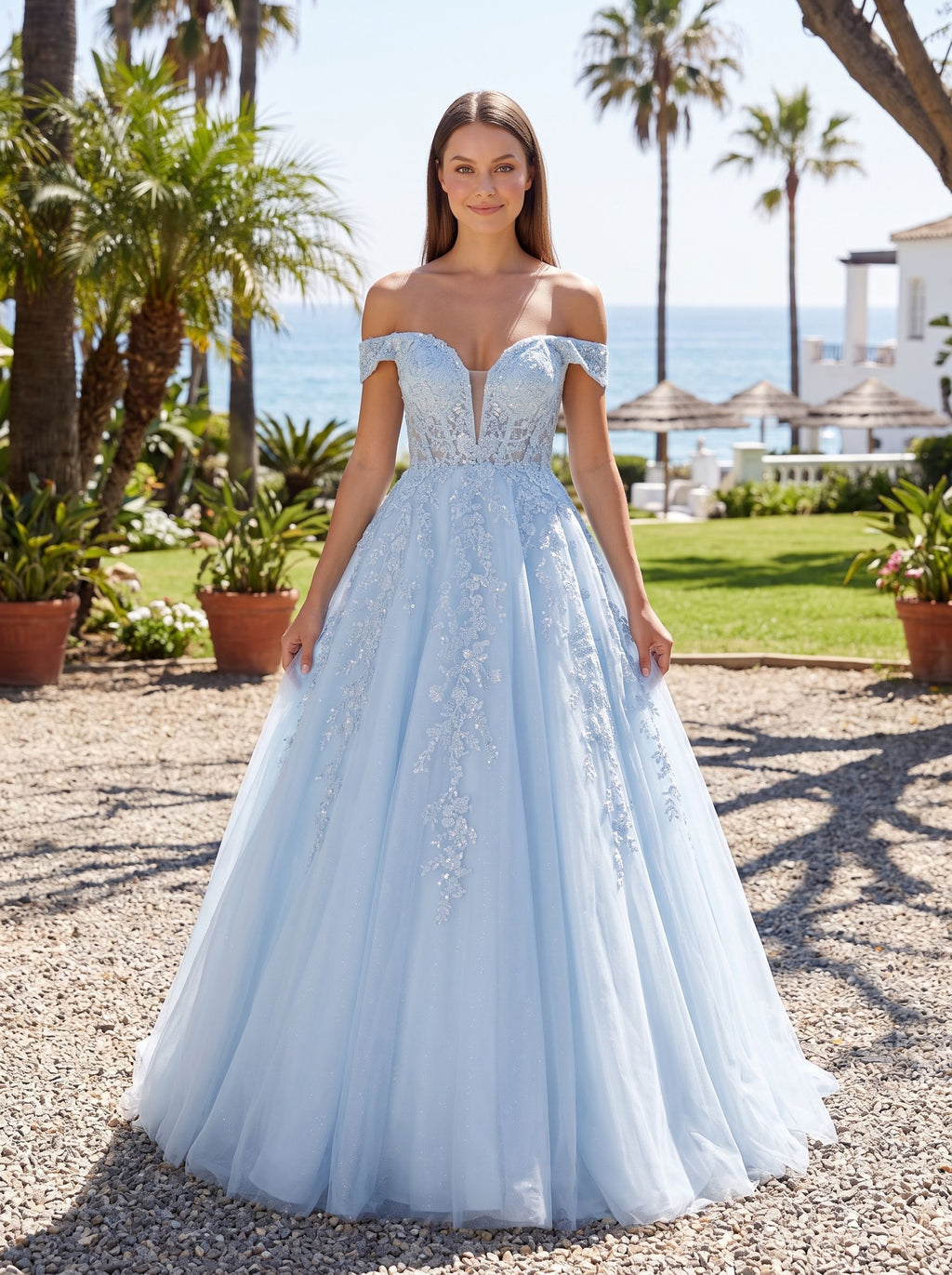 Mist Tulle A-Line Off-the-Shoulder Corset Back Floor-Length Dress with Sequin Embroidery