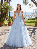 Mist Tulle A-Line Off-the-Shoulder Corset Back Floor-Length Dress with Sequin Embroidery