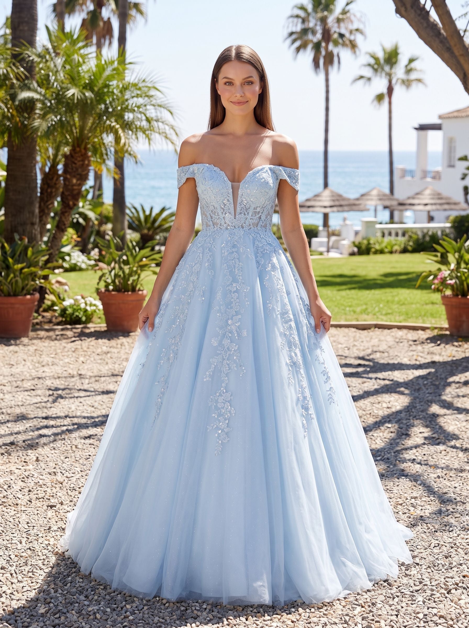 Mist Tulle A-Line Off-the-Shoulder Corset Back Floor-Length Dress with Sequin Embroidery