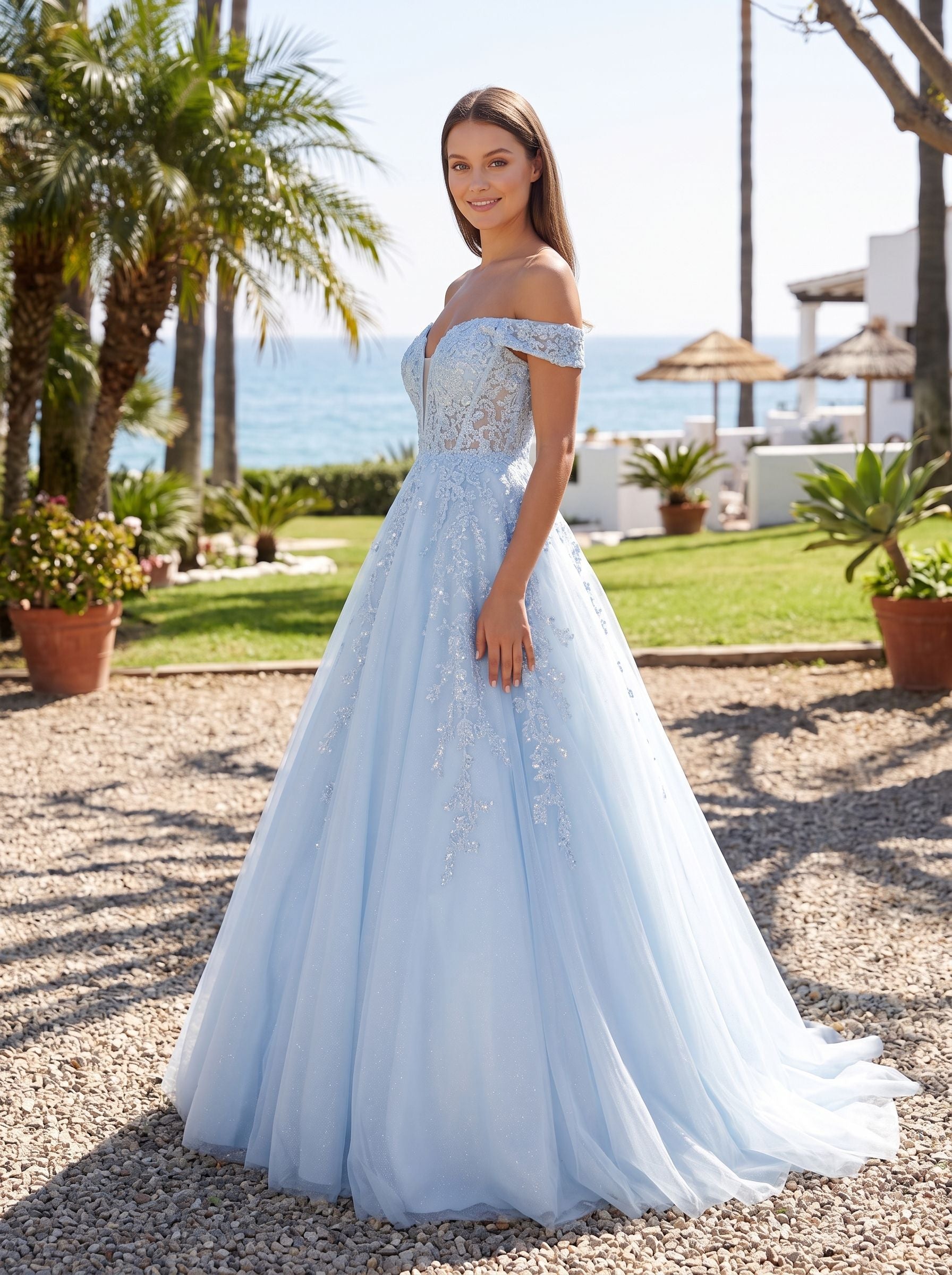 Mist Tulle A-Line Off-the-Shoulder Corset Back Floor-Length Dress with Sequin Embroidery
