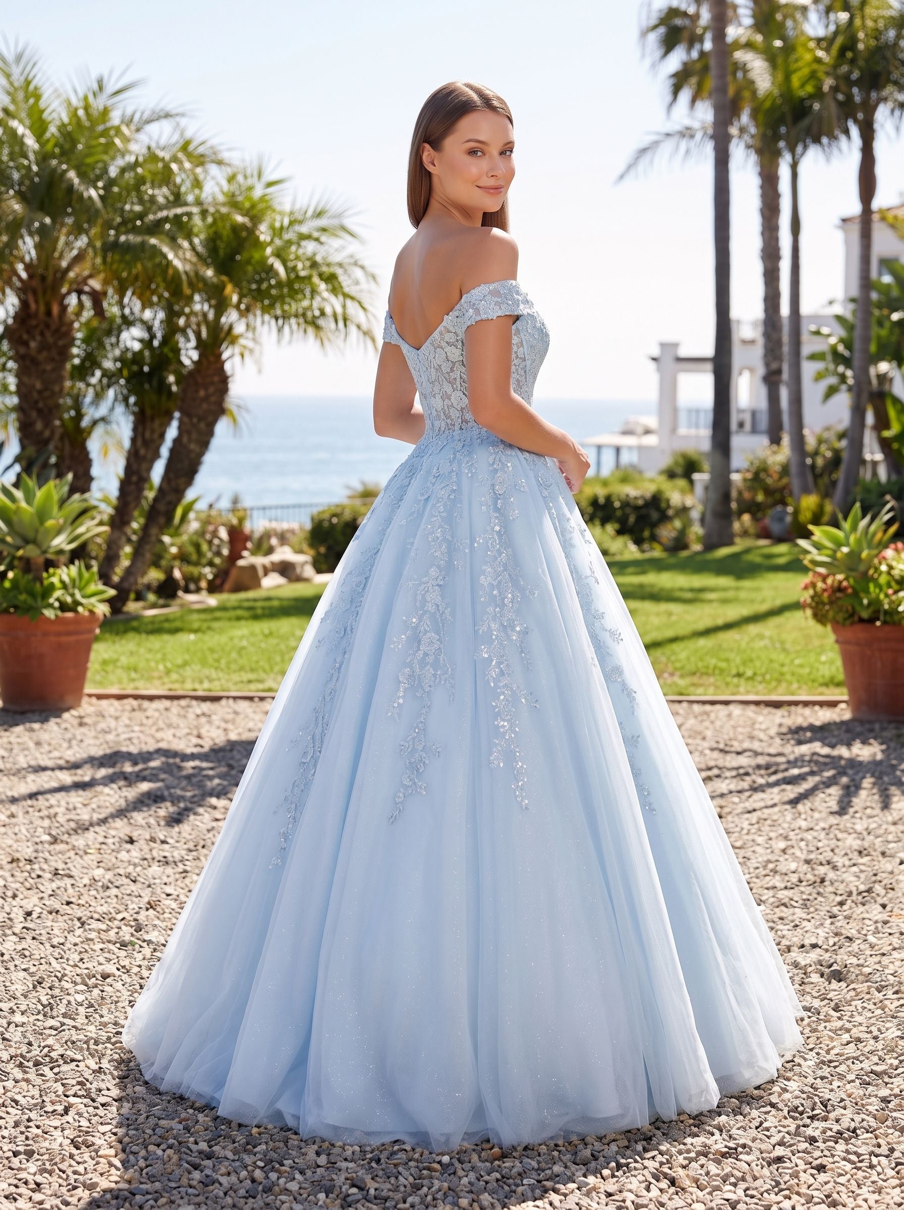 Mist Tulle A-Line Off-the-Shoulder Corset Back Floor-Length Dress with Sequin Embroidery