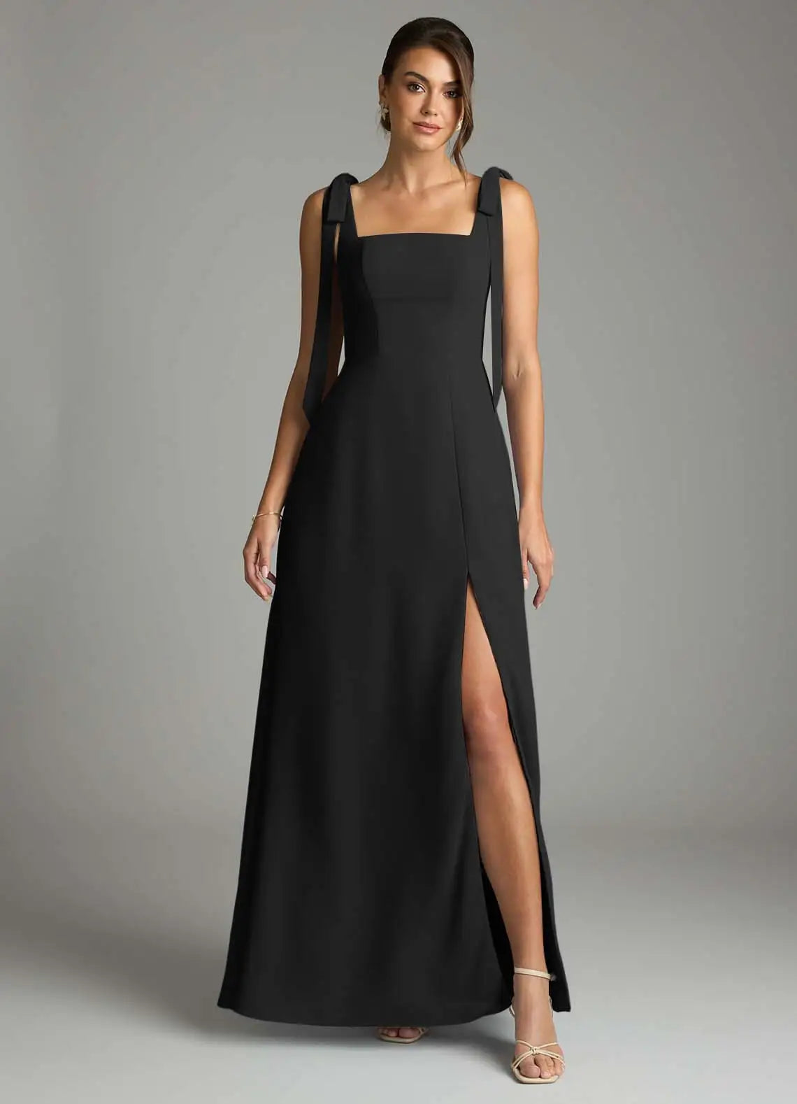 Chic Bridesmaid Dress with Square Neckline, Tie Shoulder Straps and Side Slit