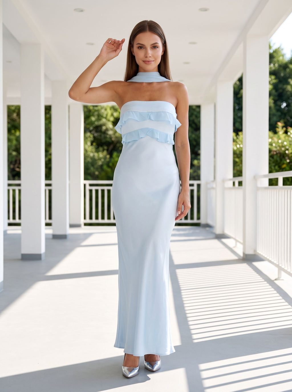  Sky Blue Satin Mermaid Halter neckline Backless Floor-Length Dress with Cowl Draped Back