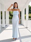  Sky Blue Satin Mermaid Halter neckline Backless Floor-Length Dress with Cowl Draped Back