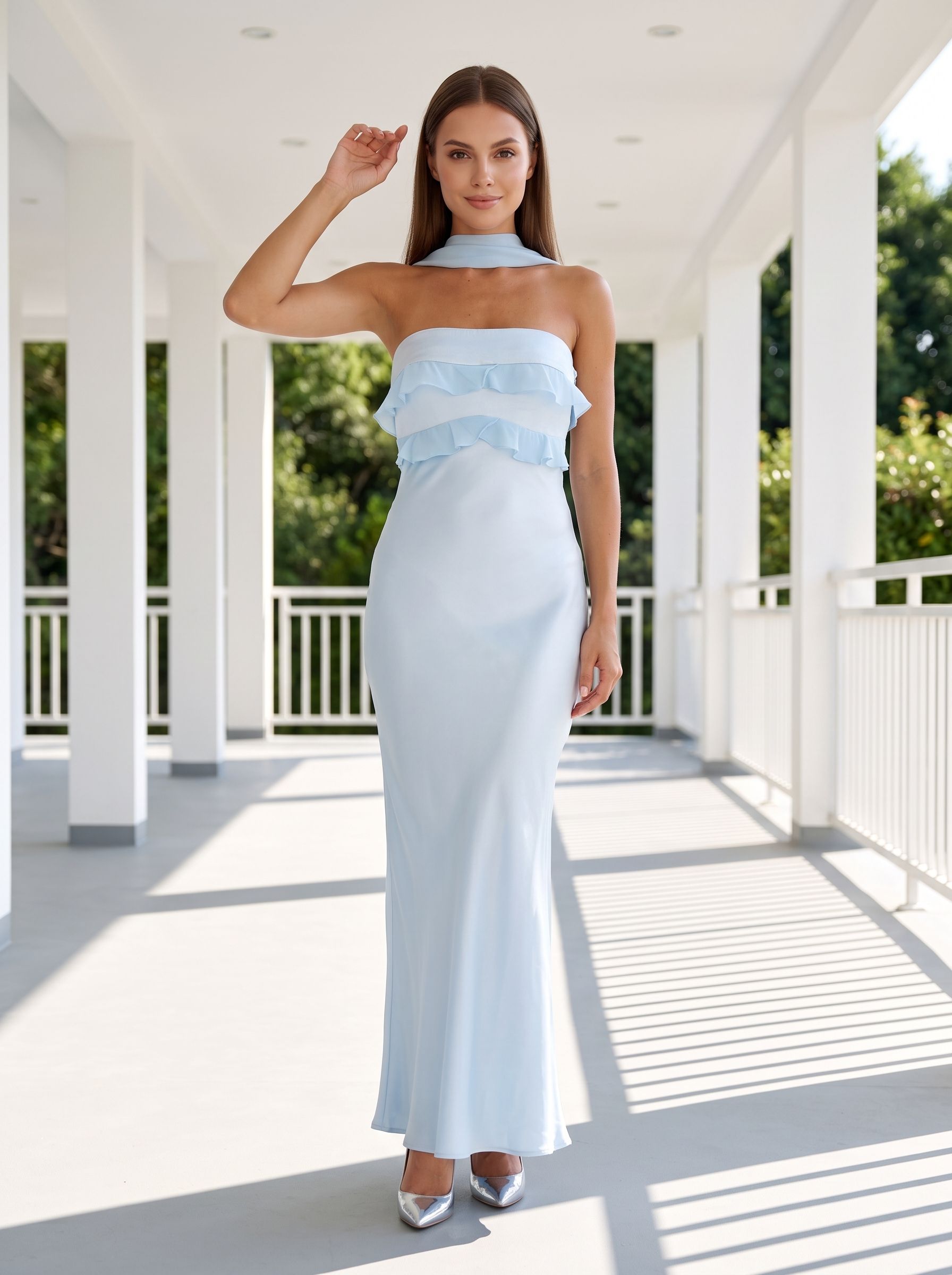  Sky Blue Satin Mermaid Halter neckline Backless Floor-Length Dress with Cowl Draped Back
