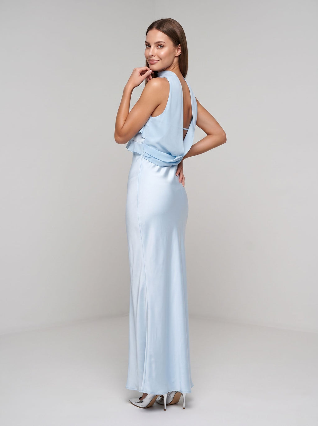  Sky Blue Satin Mermaid Halter neckline Backless Floor-Length Dress with Cowl Draped Back