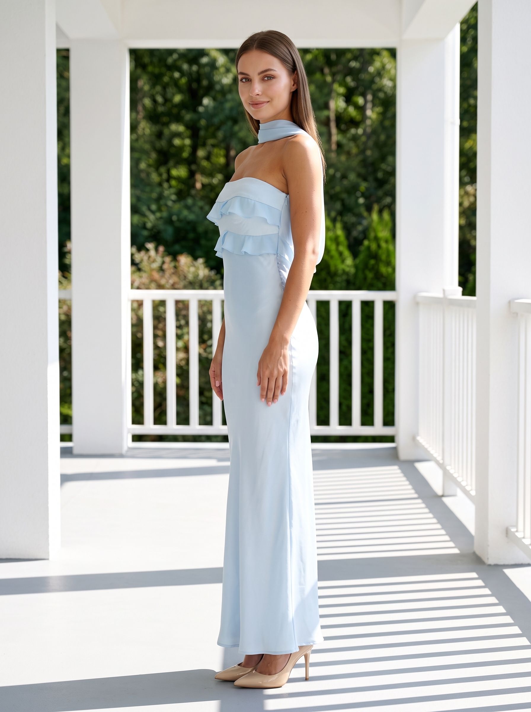  Sky Blue Satin Mermaid Halter neckline Backless Floor-Length Dress with Cowl Draped Back