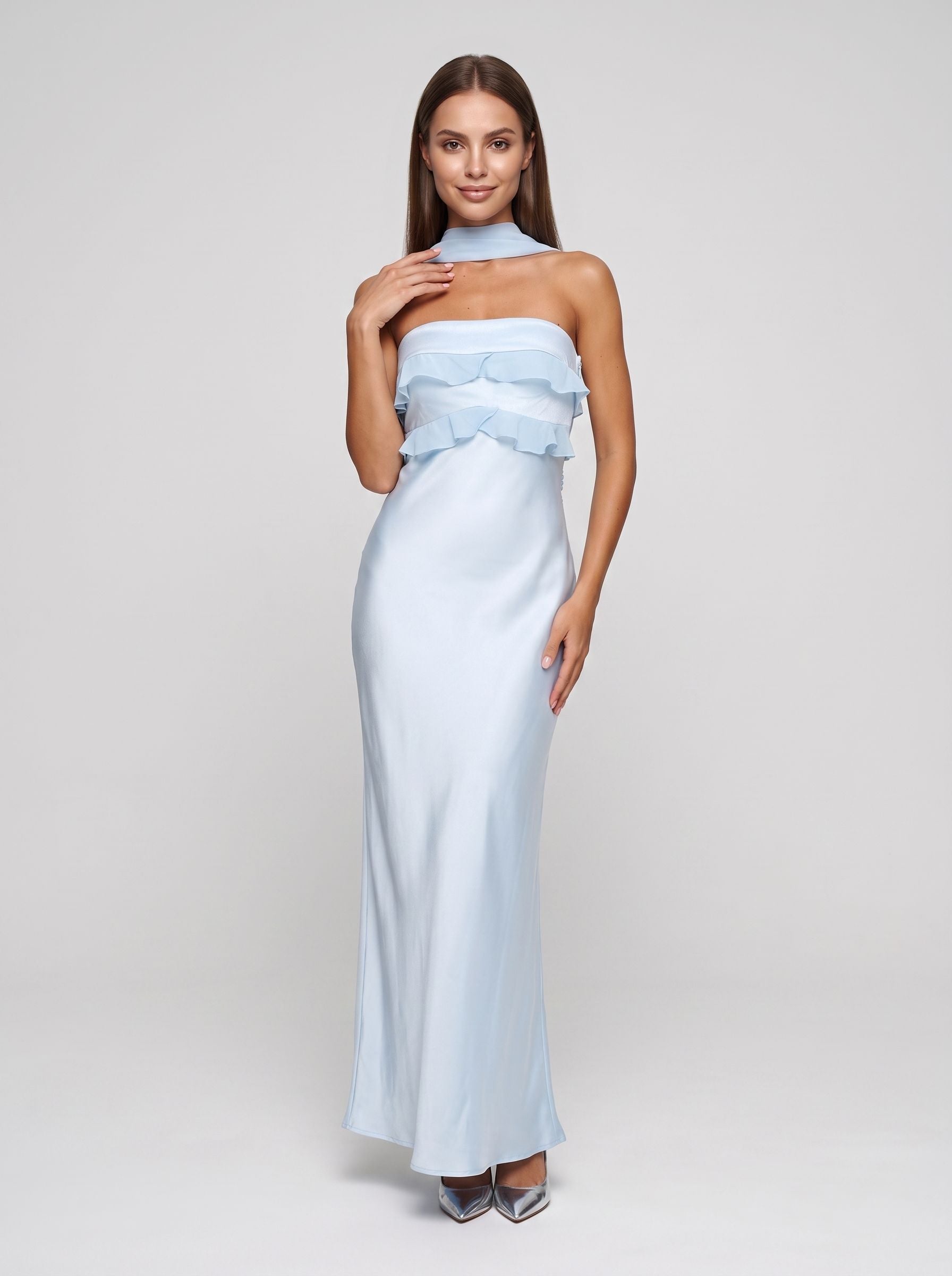  Sky Blue Satin Mermaid Halter neckline Backless Floor-Length Dress with Cowl Draped Back