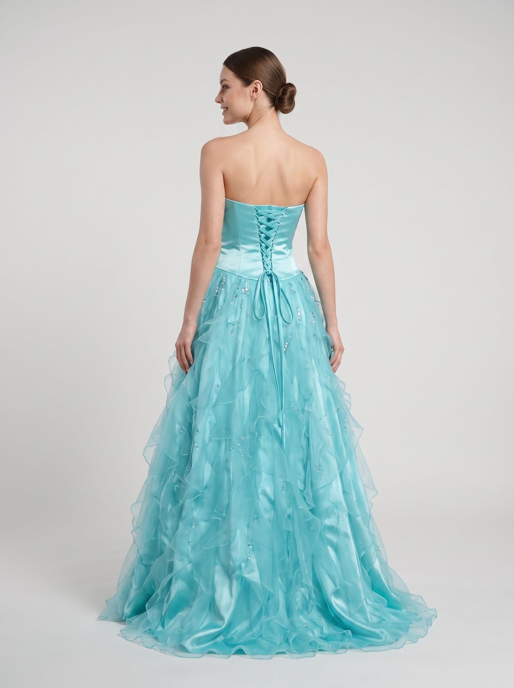 Blue Sequins Tulle & Satin A-Line Sweetheart Lace-up Floor-Length Dress