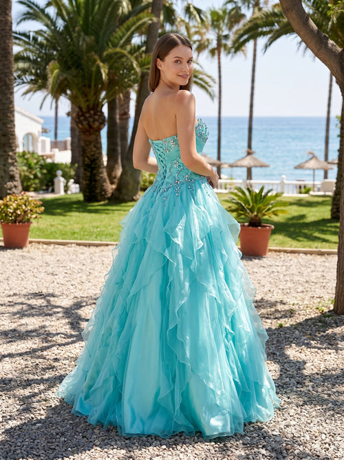 Blue Sequins Tulle & Satin A-Line Sweetheart Lace-up Floor-Length Dress