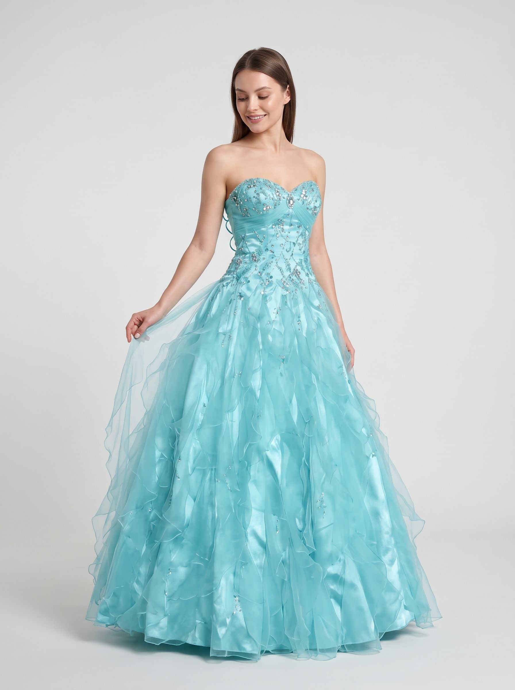 Blue Sequins Tulle & Satin A-Line Sweetheart Lace-up Floor-Length Dress