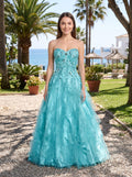 Blue Sequins Tulle & Satin A-Line Sweetheart Lace-up Floor-Length Dress