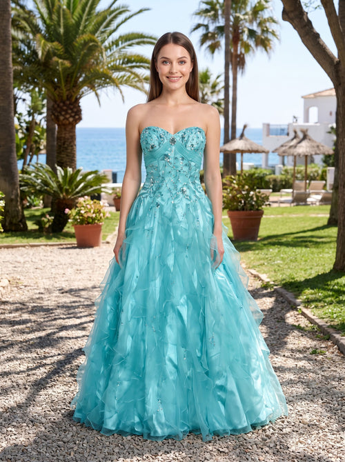 Blue Sequins Tulle & Satin A-Line Sweetheart Lace-up Floor-Length Dress