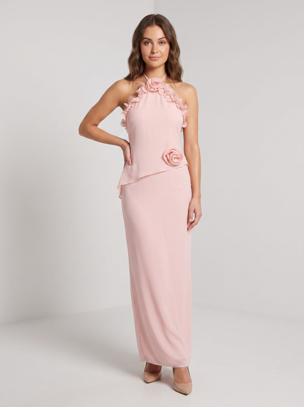 Blushing Pink Chiffon A-Line Halter Neckline Backless Floor-Length Dress