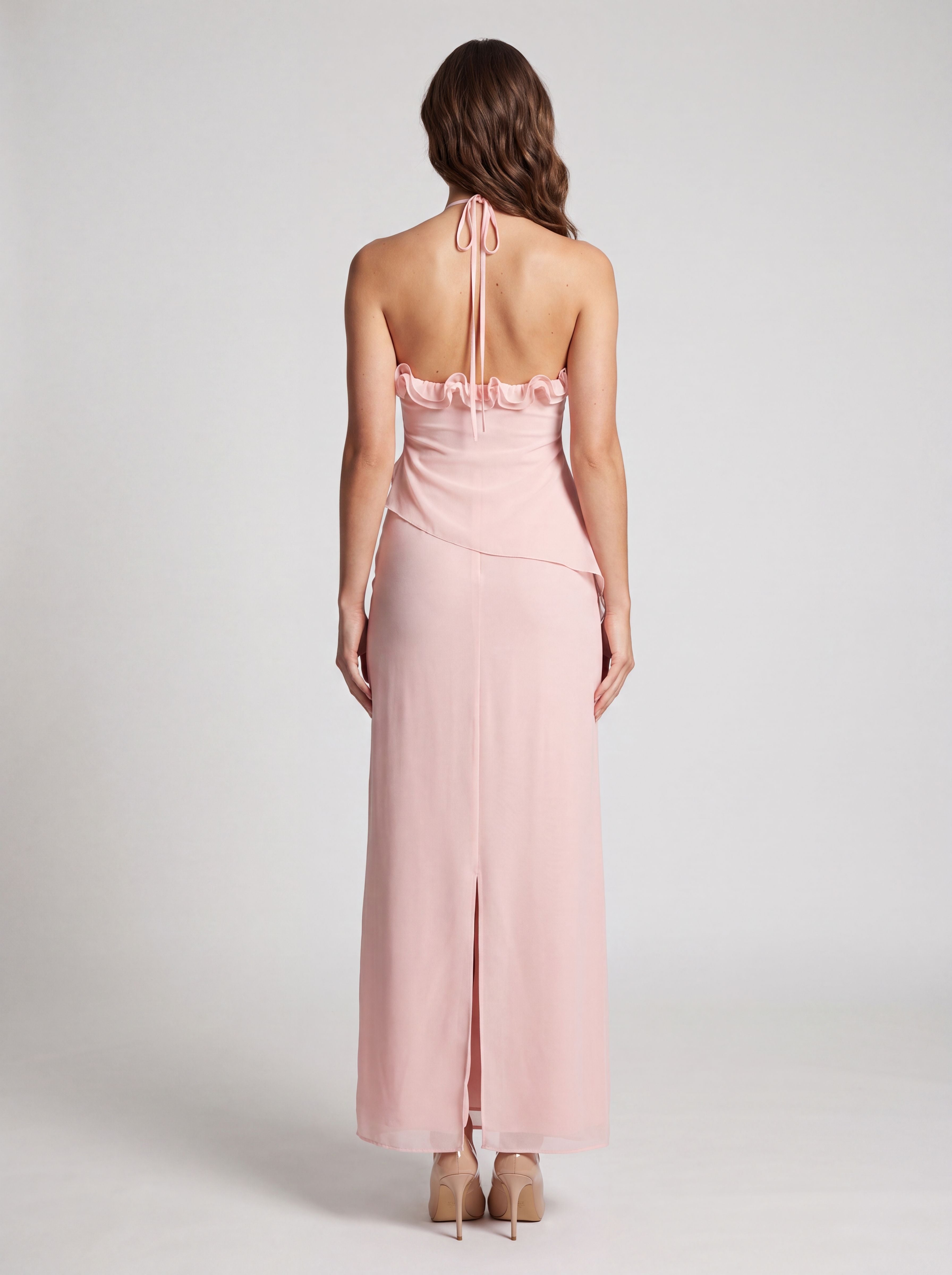 Blushing Pink Chiffon A-Line Halter Neckline Backless Floor-Length Dress