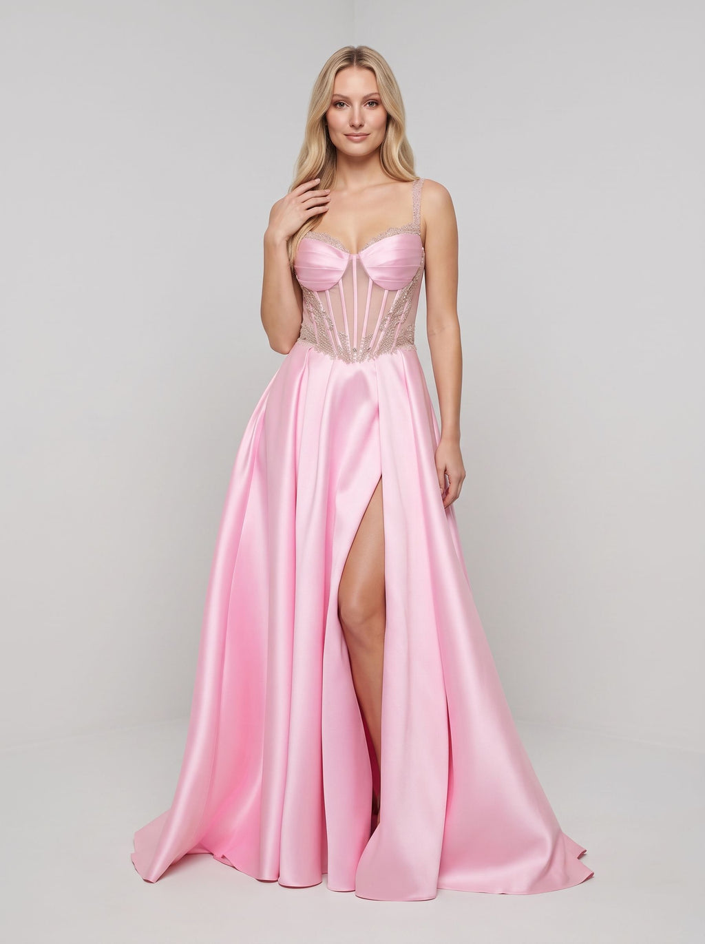 Petal Satin A-Line Sweetheart Corset Back Floor-Length Dress with Slit and Pockets