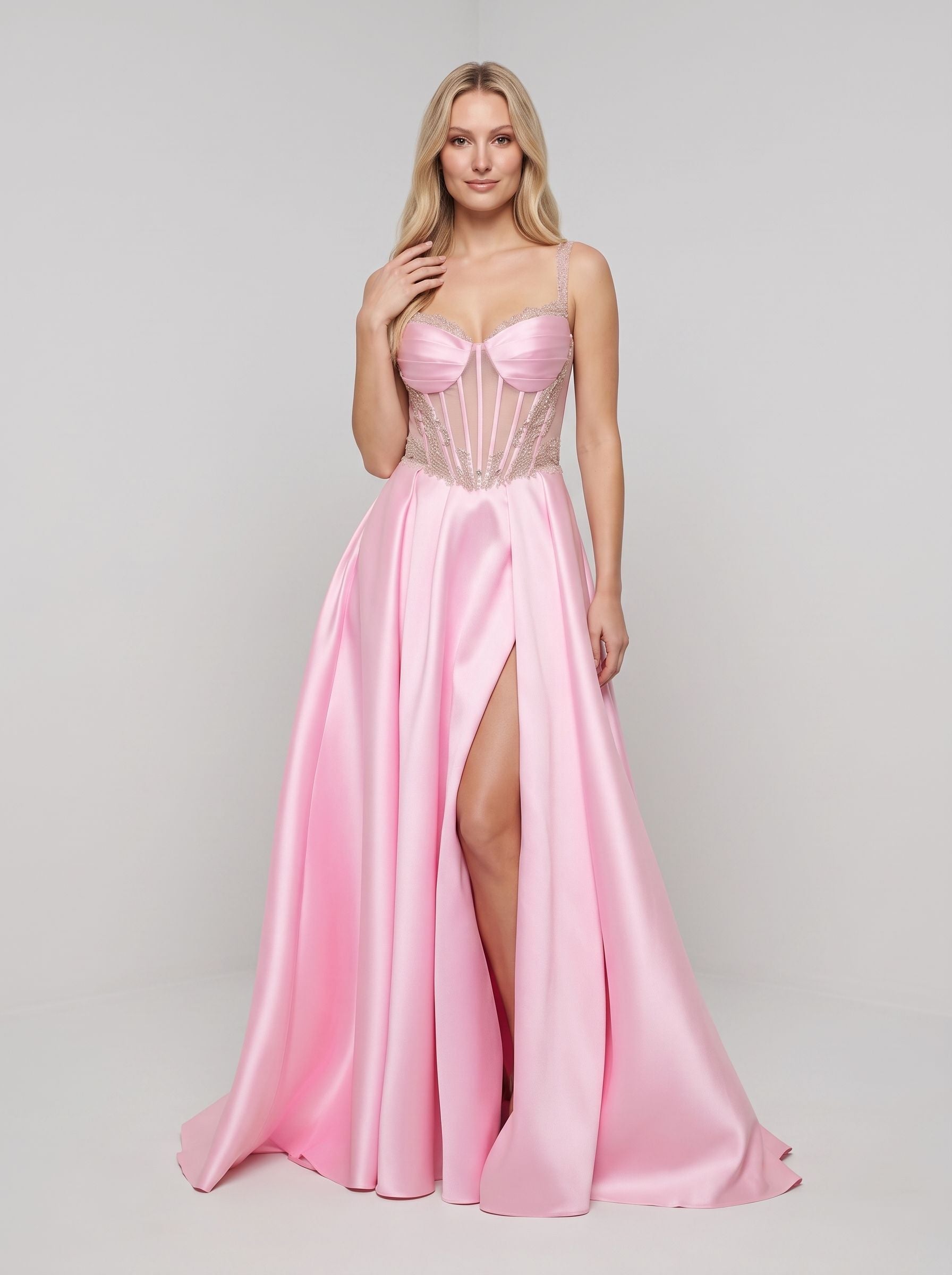 Petal Satin A-Line Sweetheart Corset Back Floor-Length Dress with Slit and Pockets