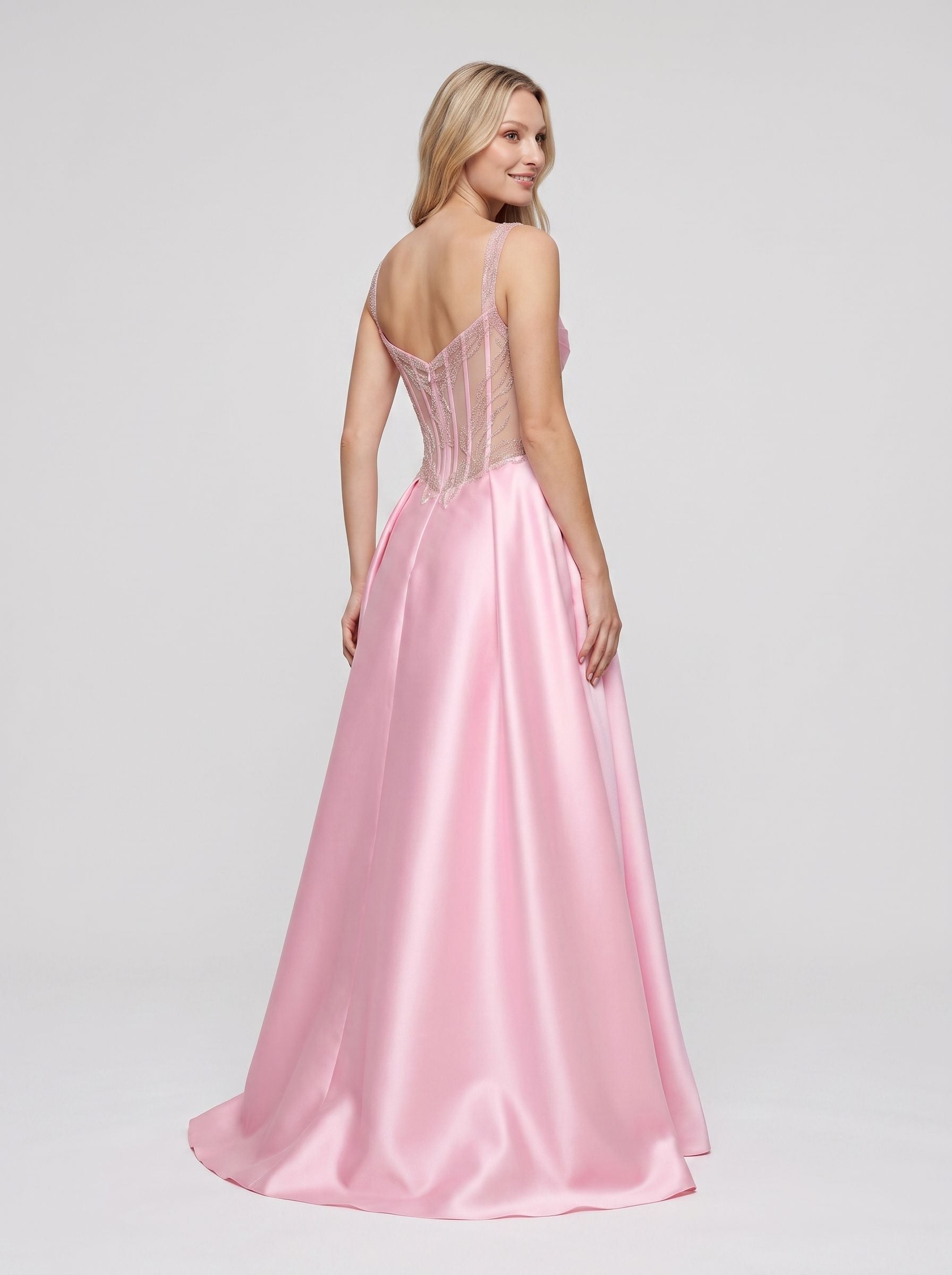 Petal Satin A-Line Sweetheart Corset Back Floor-Length Dress with Slit and Pockets