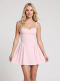 Blushing Pink Stretch Knit A-Line Scoop Neck Backless Mini Dress with Lace-trim Neckline