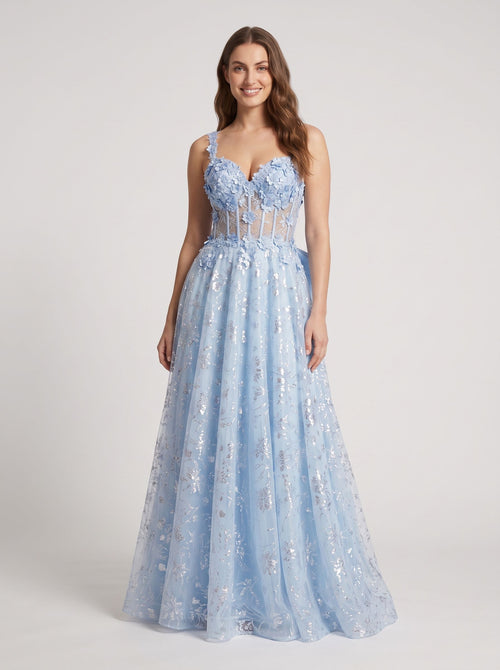 Blue Tulle A-Line Sweetheart Bow Floor-Length Dress with Floral Embroidery