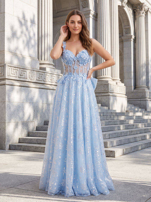 Blue Tulle A-Line Sweetheart Bow Floor-Length Dress with Floral Embroidery