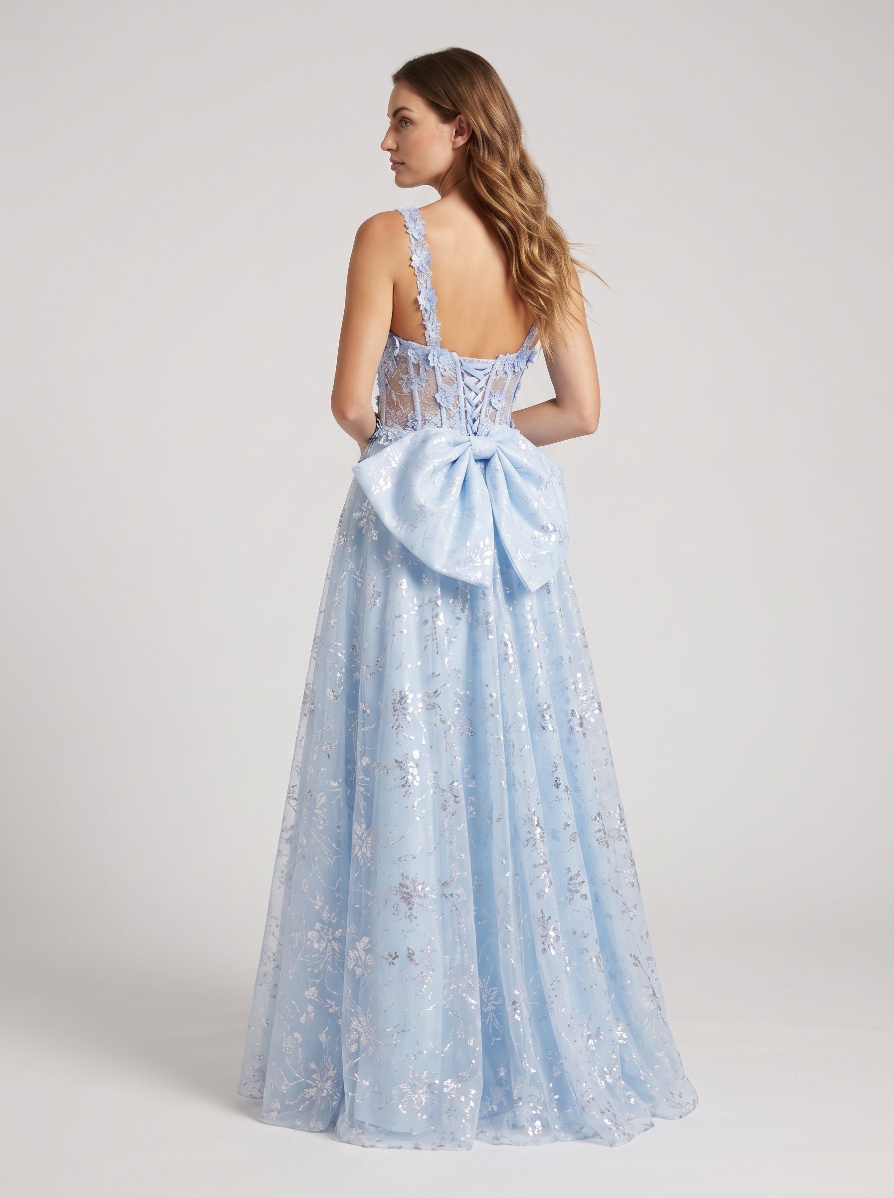 Blue Tulle A-Line Sweetheart Bow Floor-Length Dress with Floral Embroidery