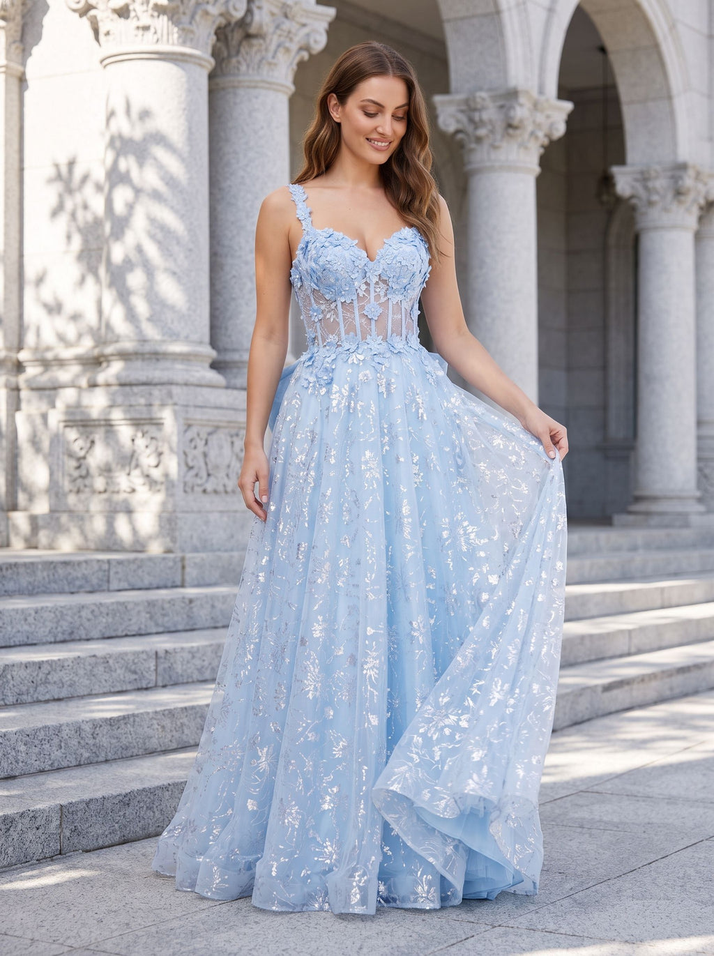 Blue Tulle A-Line Sweetheart Bow Floor-Length Dress with Floral Embroidery