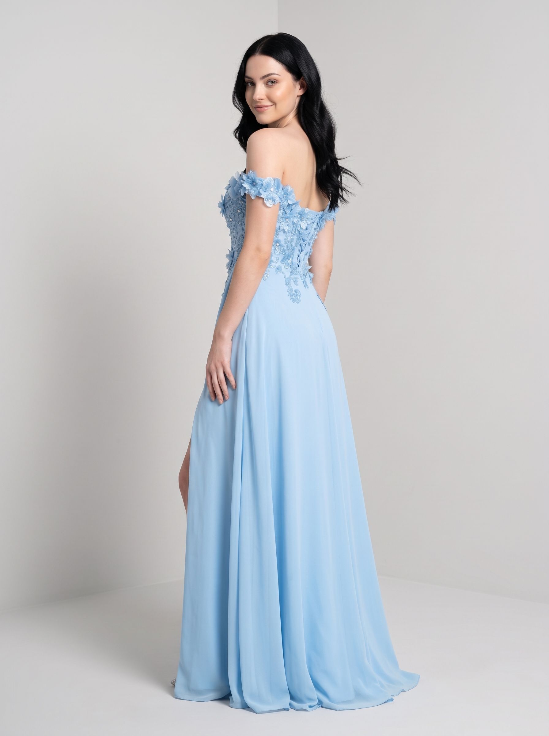 Sky Blue Chiffon A-Line Off-the-Shoulder Corset Back Floor-Length Dress with Beaded Applique