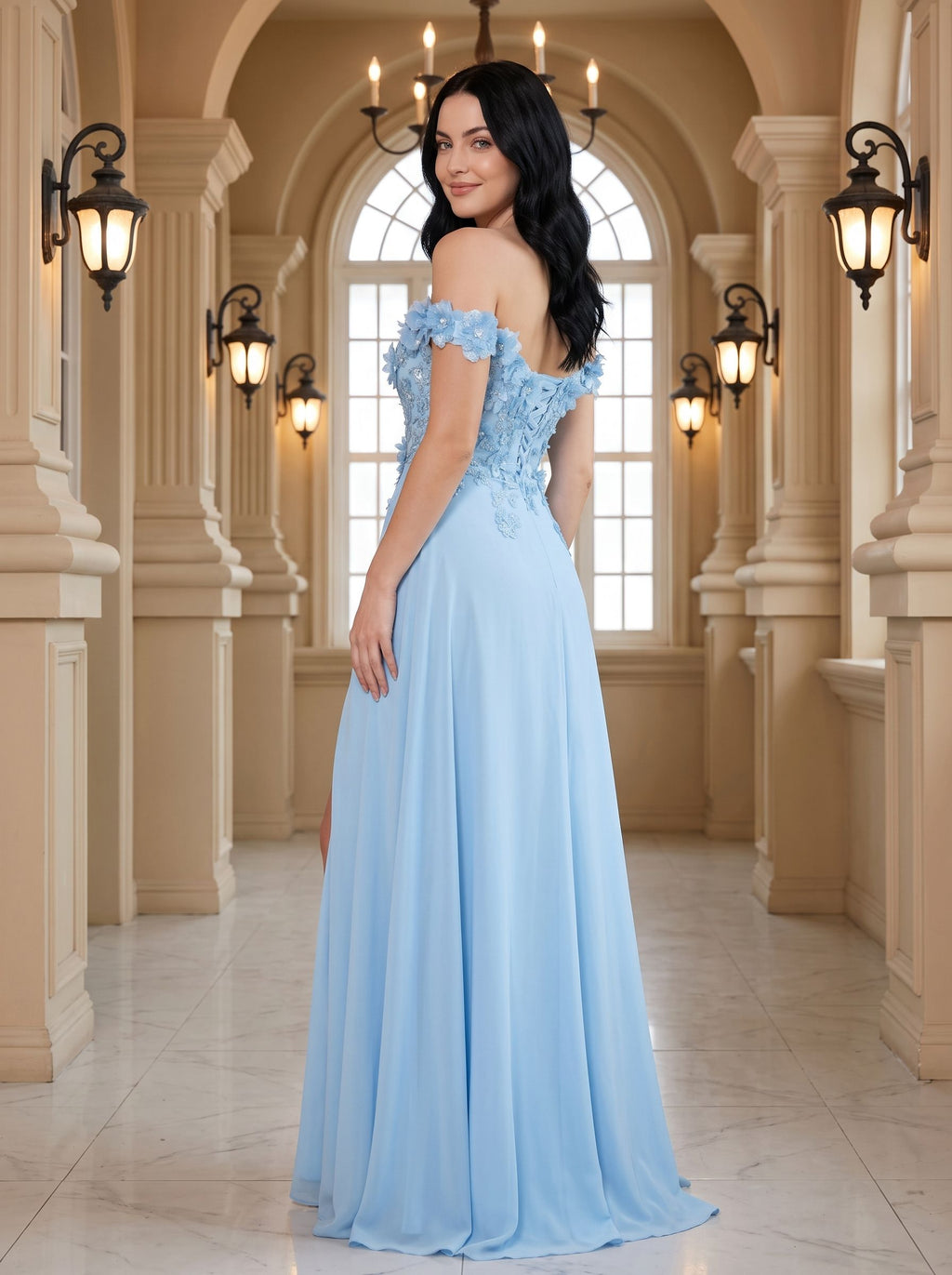 Sky Blue Chiffon A-Line Off-the-Shoulder Corset Back Floor-Length Dress with Beaded Applique