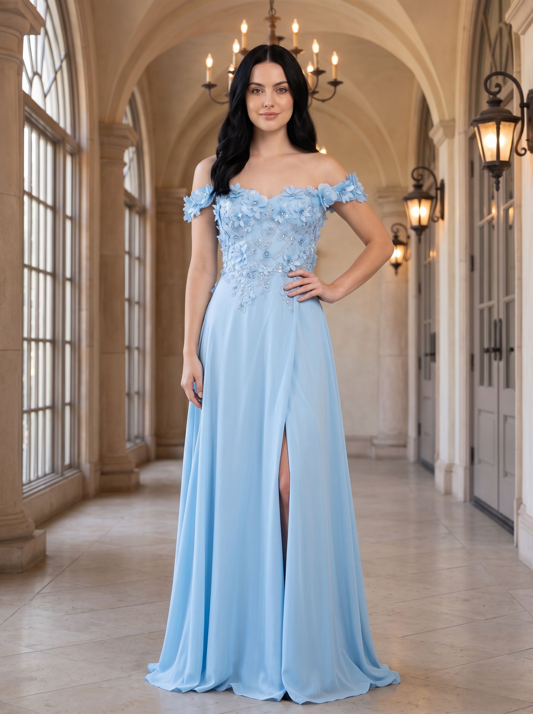 Sky Blue Chiffon A-Line Off-the-Shoulder Corset Back Floor-Length Dress with Beaded Applique