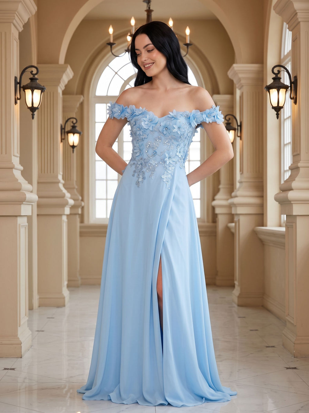 Sky Blue Chiffon A-Line Off-the-Shoulder Corset Back Floor-Length Dress with Beaded Applique