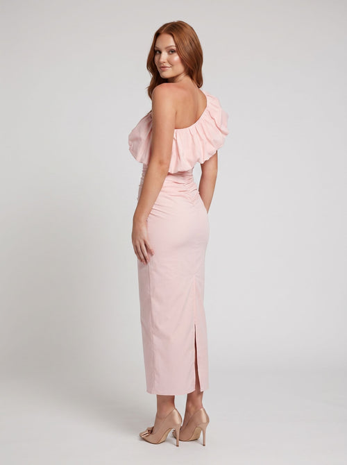 Blushing Pink Matte Satin Sheath One Shoulder Side Zip Long Dress with Gathered Puff Overlay