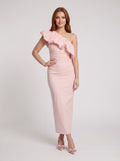 Blushing Pink Matte Satin Sheath One Shoulder Side Zip Long Dress with Gathered Puff Overlay