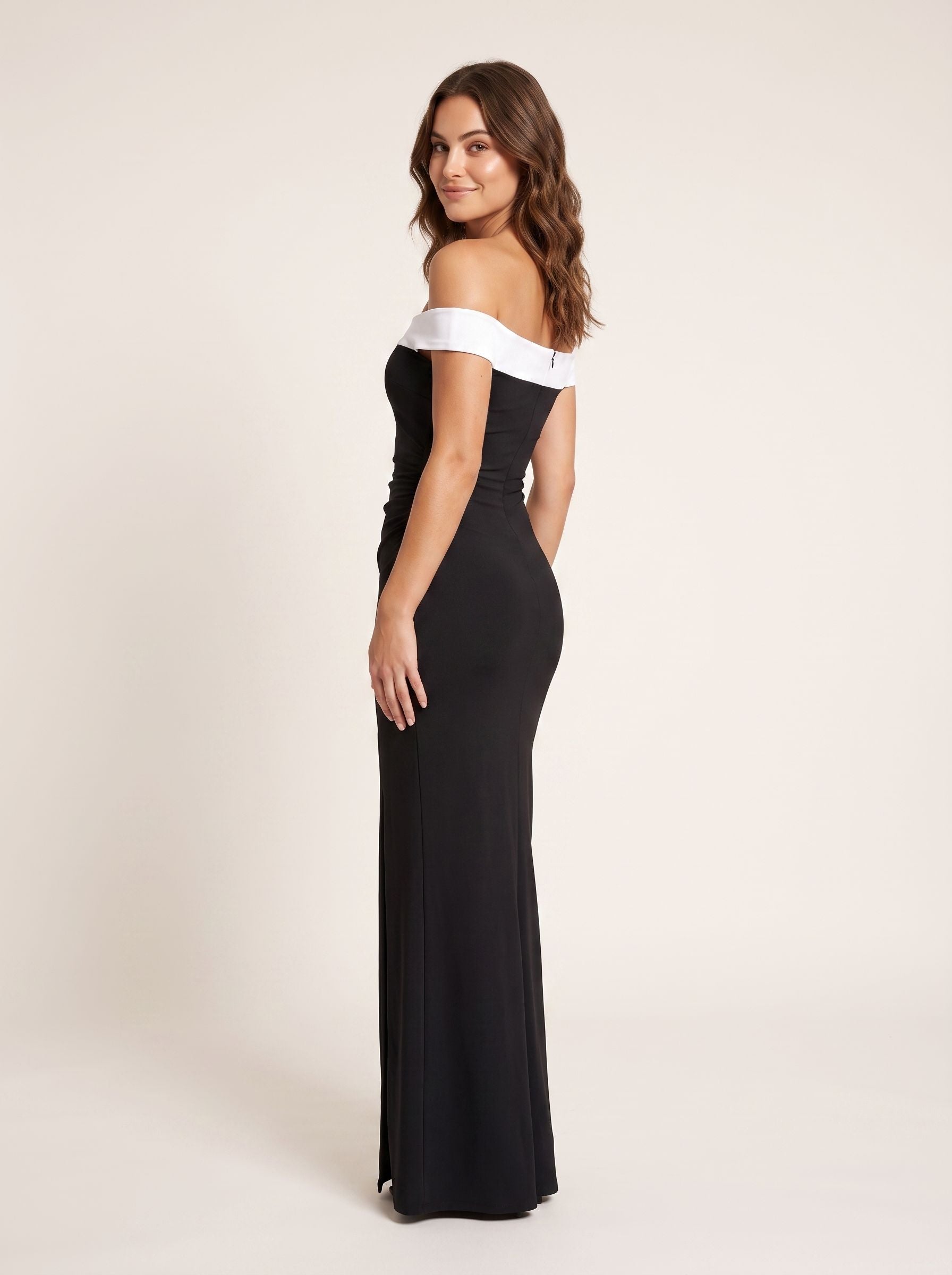 Black Satin Mermaid Off-the-Shoulder Back Zip Floor-Length Dress with contrast foldover