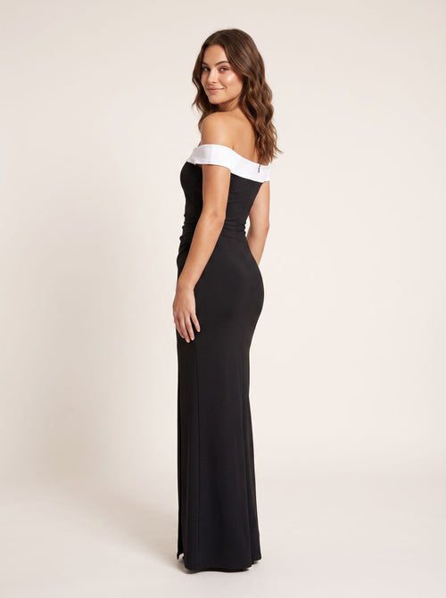 Black Satin Mermaid Off-the-Shoulder Back Zip Floor-Length Dress with contrast foldover